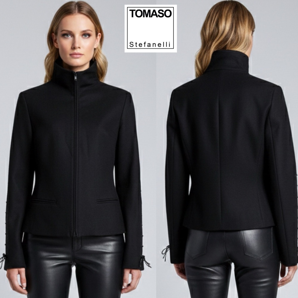 TOMASO Stefanelli Black Wool Cashmere Peacoat Lace-Up Sleeve Designer Jacket M - Picture 1 of 16